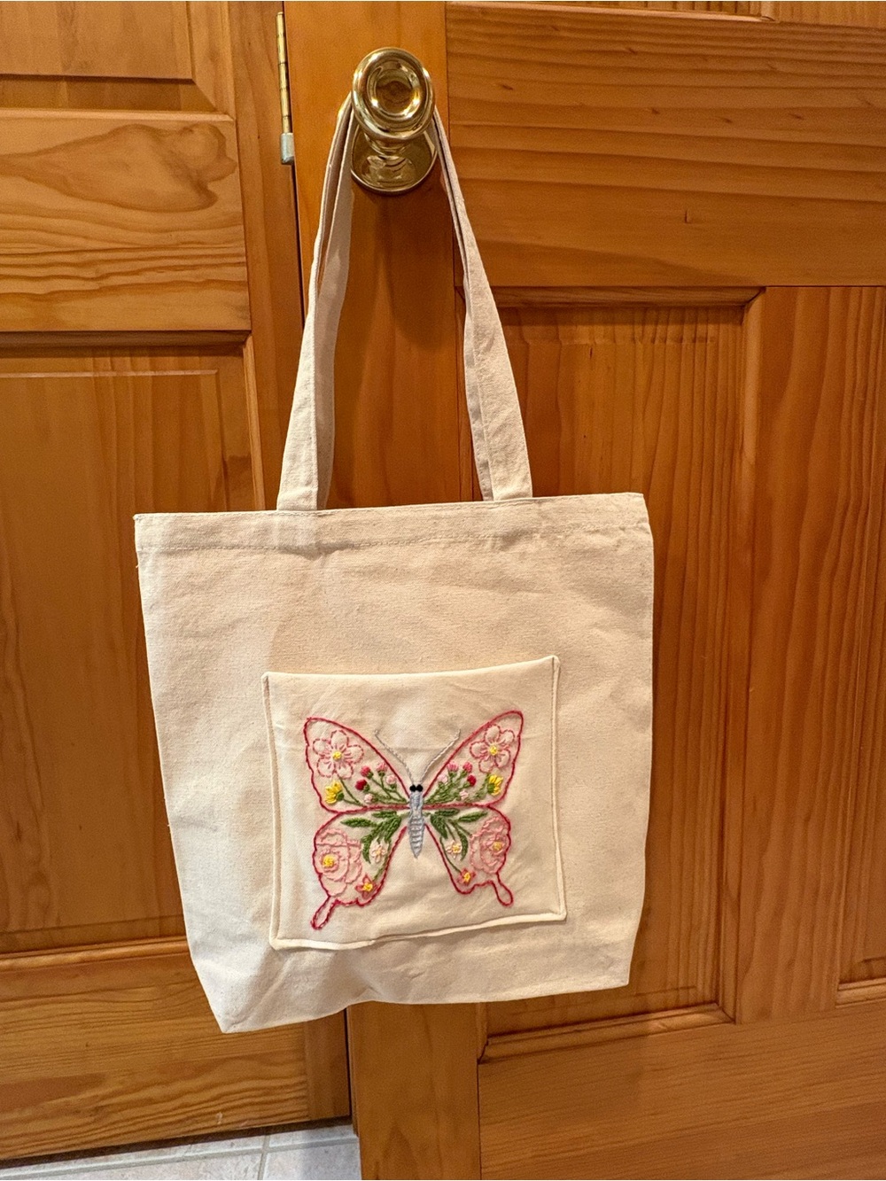 Tote w/ Butterfly Embroidered Pocket - NEW